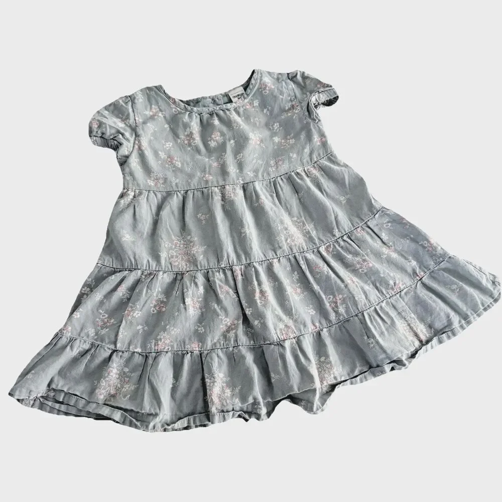 OshKosh Bgosh Toddler Girl 2T Sage Green Floral Tiered Dress Short Sleeve Ruffle
